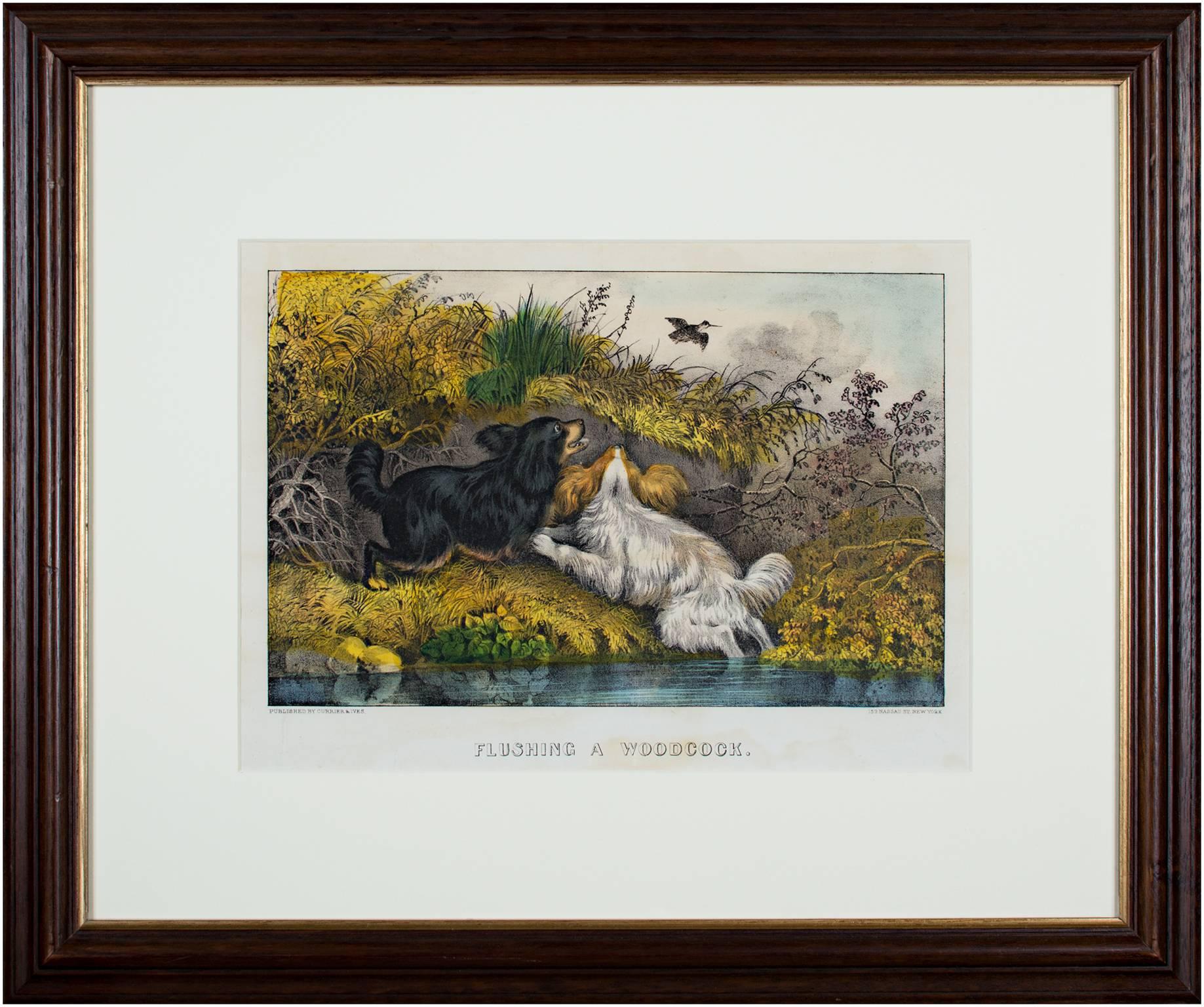 Siglo XIX litografía en color perros pájaro naturaleza hierba pastoral animales en venta 2