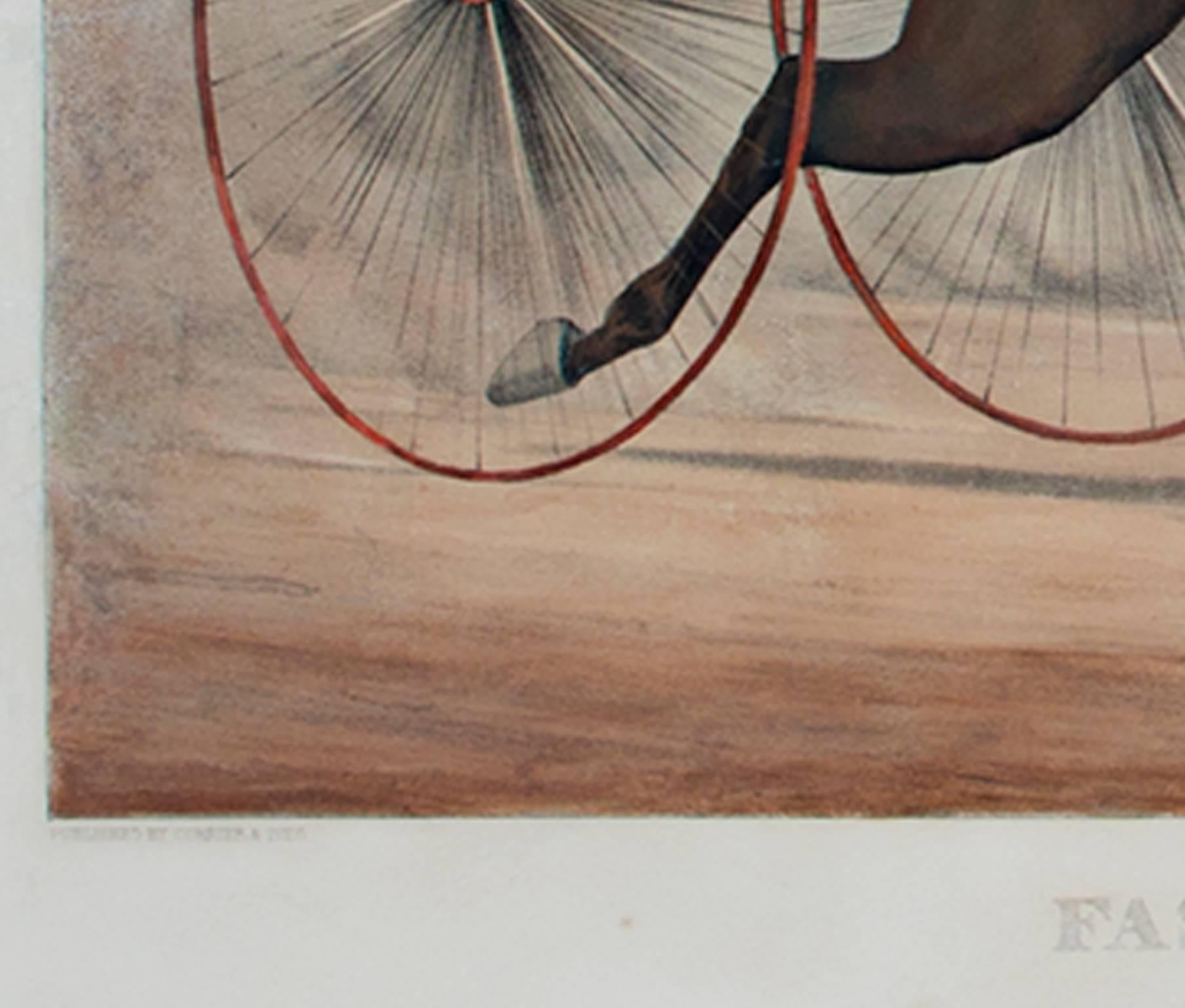 Lithographie en couleurs du 19e siècle chevaux chars personnages paysage dynamique - Gris Animal Print par Currier & Ives