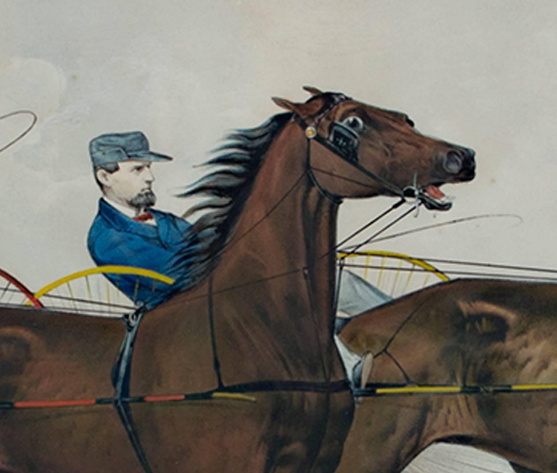 Lithographie en couleurs du 19e siècle chevaux chars personnages paysage dynamique en vente 1