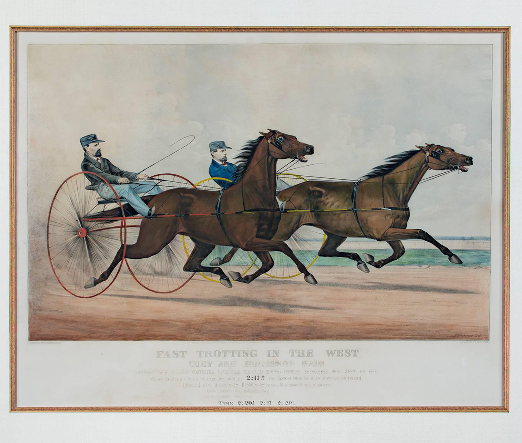 Animal Print Currier & Ives - Lithographie en couleurs du 19e siècle chevaux chars personnages paysage dynamique