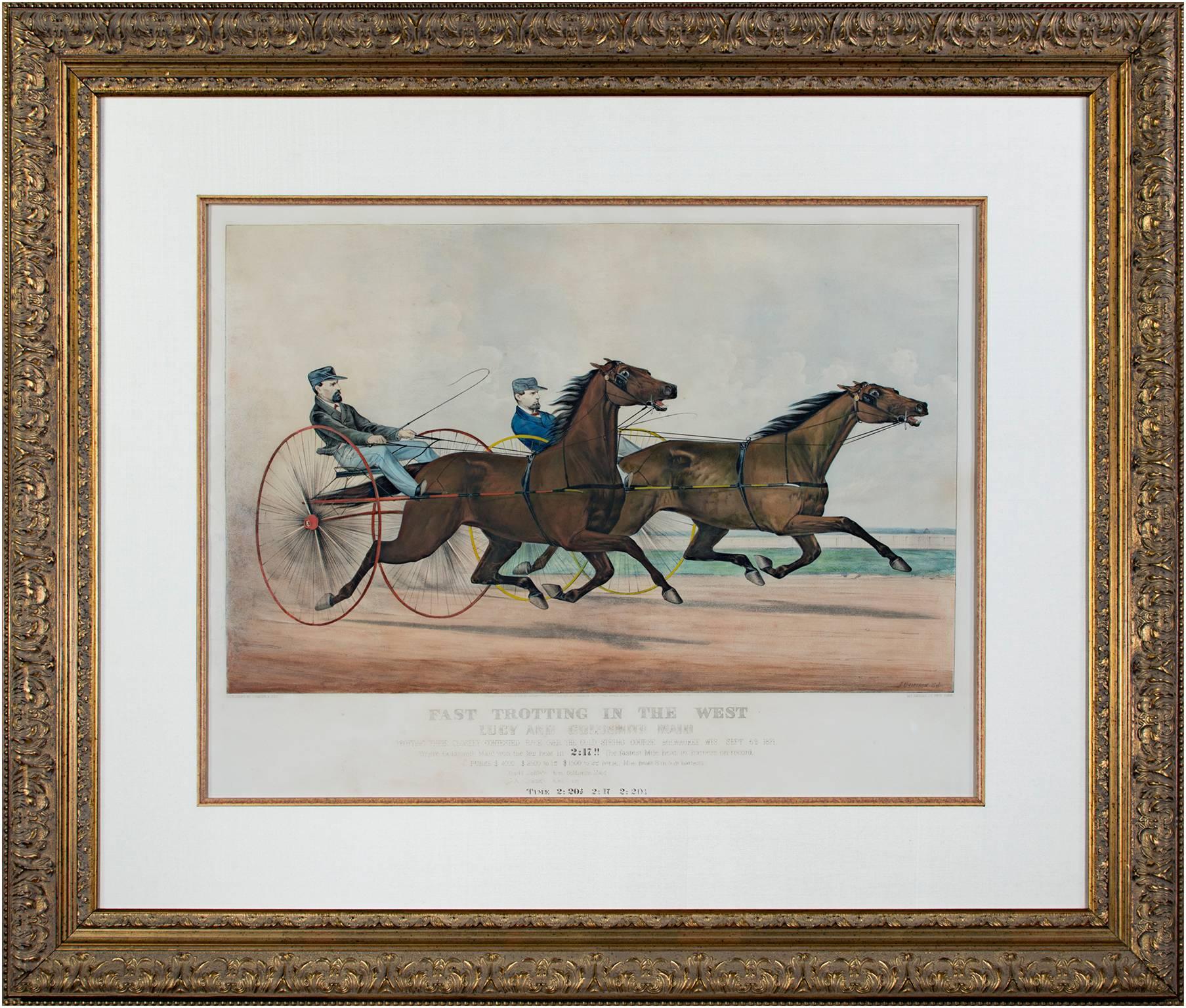 Lithographie en couleurs du 19e siècle chevaux chars personnages paysage dynamique en vente 2