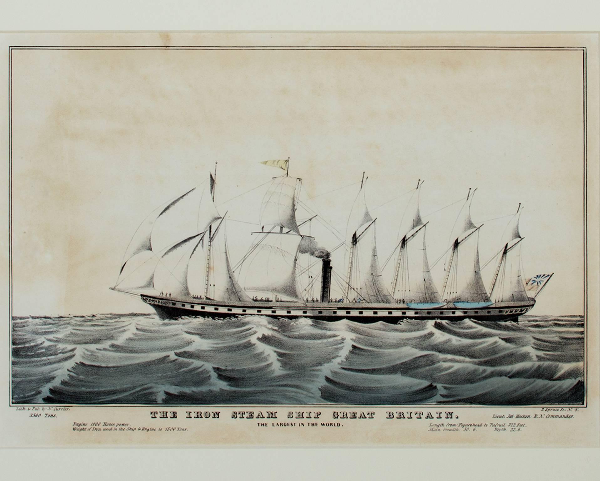 Currier & Ives Landscape Print - 19th century color lithograph seascape boat ship waves maritime landscape