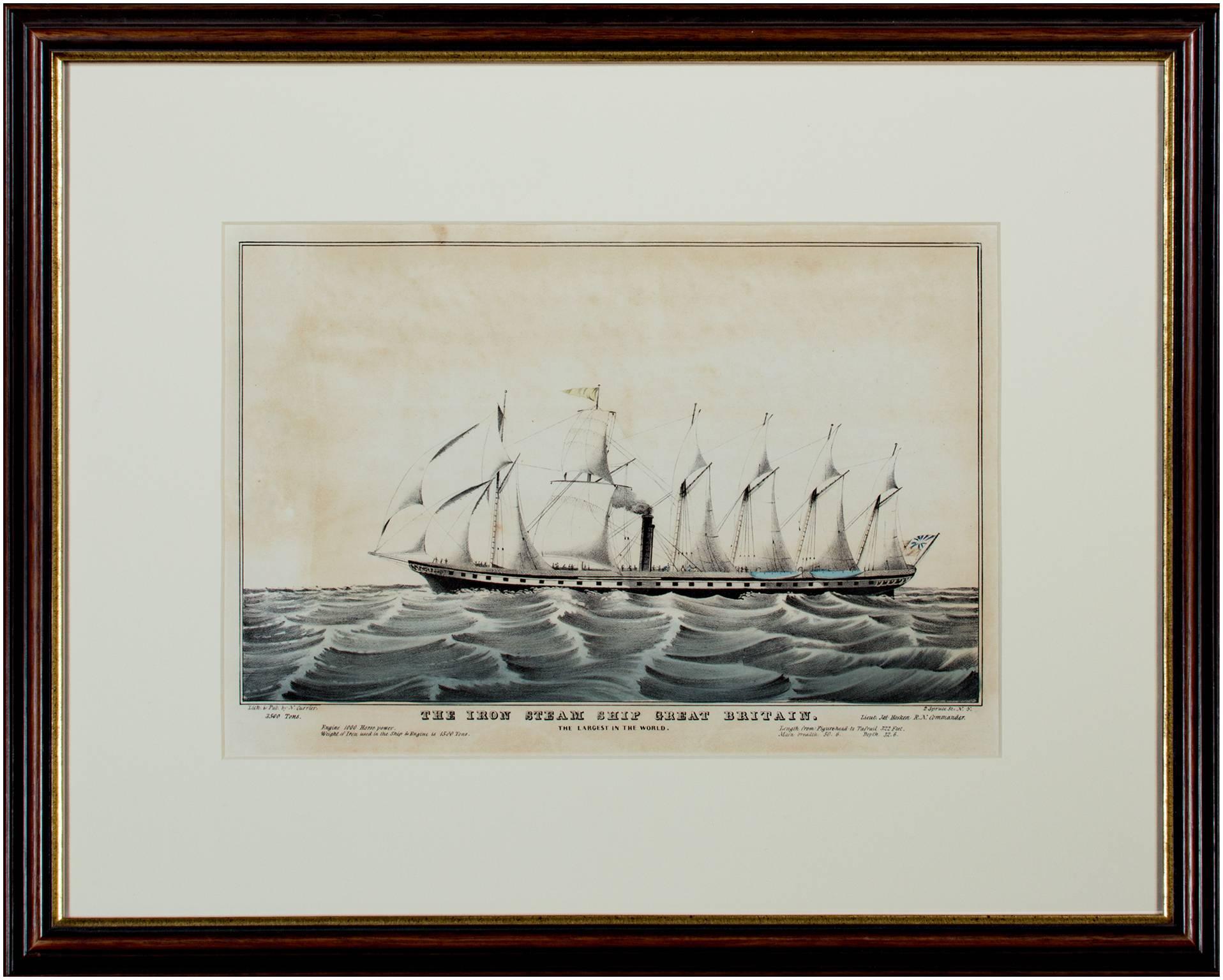 19th century color lithograph seascape boat ship waves maritime landscape - Gray Landscape Print by Currier & Ives