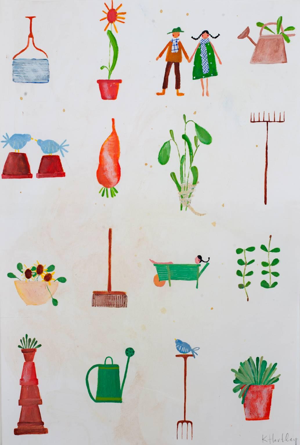 "Los jardineros KMH 011" es una obra original en acrílico y técnica mixta firmada en la parte inferior derecha por la artista Katherine Hartley. Representa una variedad de objetos y figuras pintados de forma sencilla que tienen que ver con la