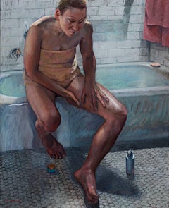 Vintage Contemporary female artist figure pastel self-portrait bathtub dramatic