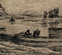 Aguafuerte en blanco y negro del siglo XIX paisaje industrial barco ribera árboles