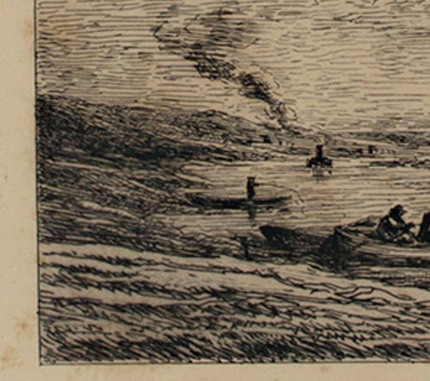 Schwarz-Weiß-Radierung Industrielandschaftsboot/ Flussufer Bäume, Flussufer, 19. Jahrhundert (Braun), Landscape Print, von Charles François Daubigny