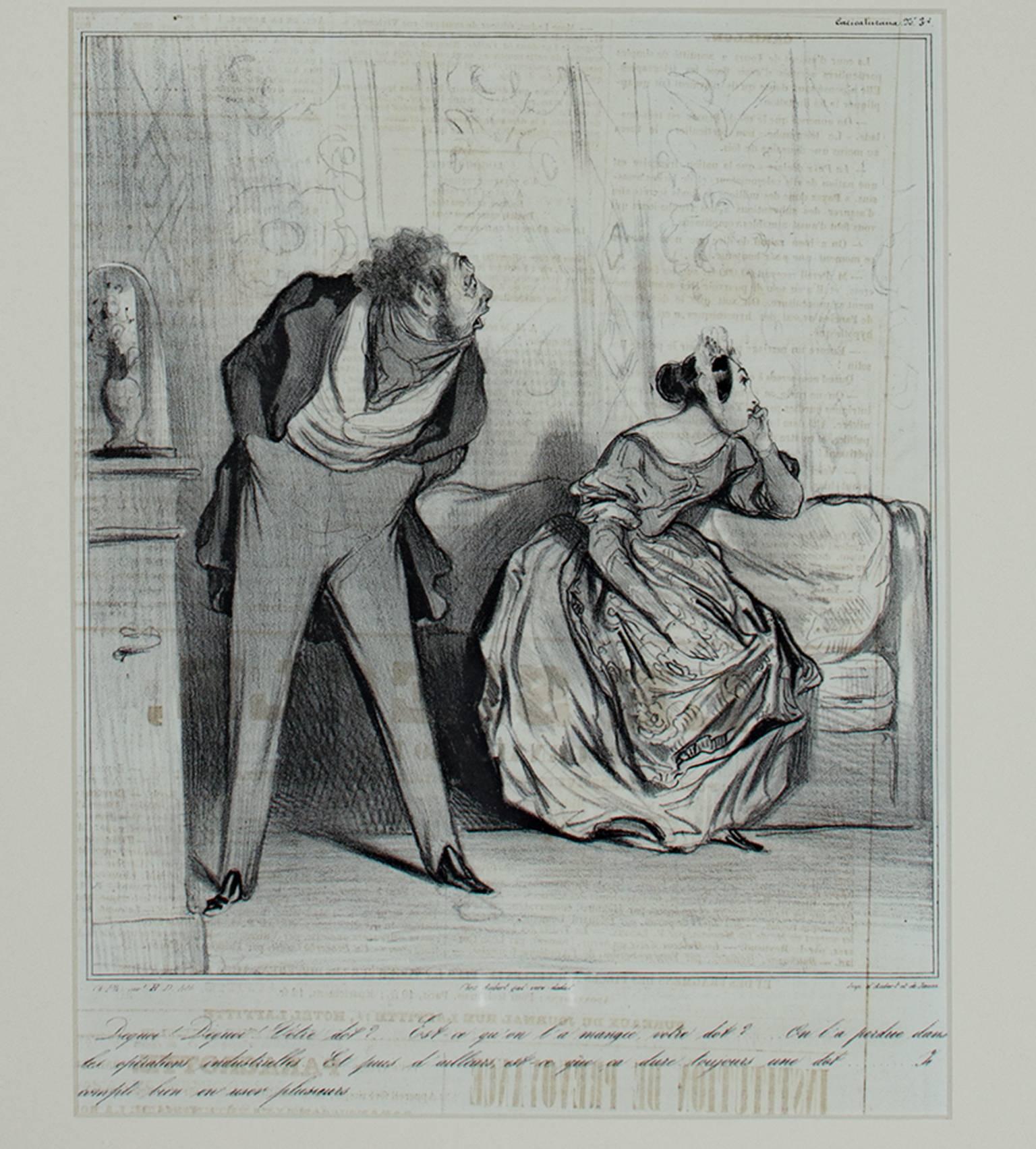 "De Quoi! De Quoi! Votre Dot?" ist eine Original-Lithographie 3/3 D. 390 (Charivari) von Honore Daumier. Es zeigt einen seltsam aussehenden Mann und eine schön gekleidete Frau im Gespräch. Unter dem Bild befindet sich ein Text, der die Szene