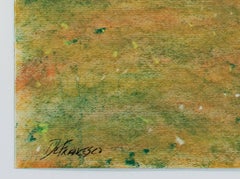 Paysage contemporain pastel scène pastorale rurale herbe arbres champ signé