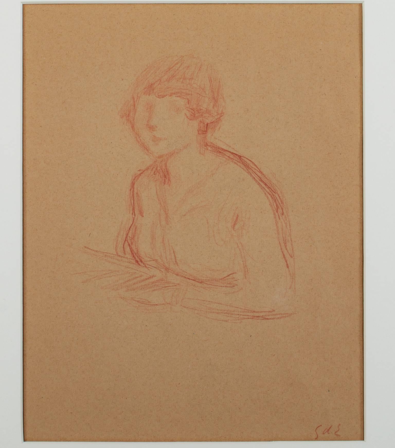 "Buste de Jeune Femme" est un dessin original au crayon de couleur de Georges d'Espagnat. Il est paraphé en bas à droite. Cette pièce représente une femme regardant le spectateur dans un brun rougeâtre clair. Le papier est également teinté en brun.