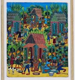 isidor pabulum Vintage "Village Life, " an Oil on Masonite signed by Juvenal Durosaire