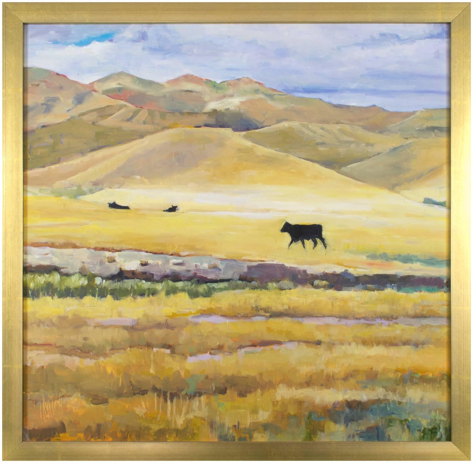 Paysage contemporain peinture à l'huile silhouette de vache montagne champ prairie ciel - Painting de Heather Foster
