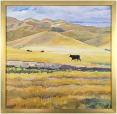 Contemporary landscape oil painting cow silhouette mountain field grassland sky