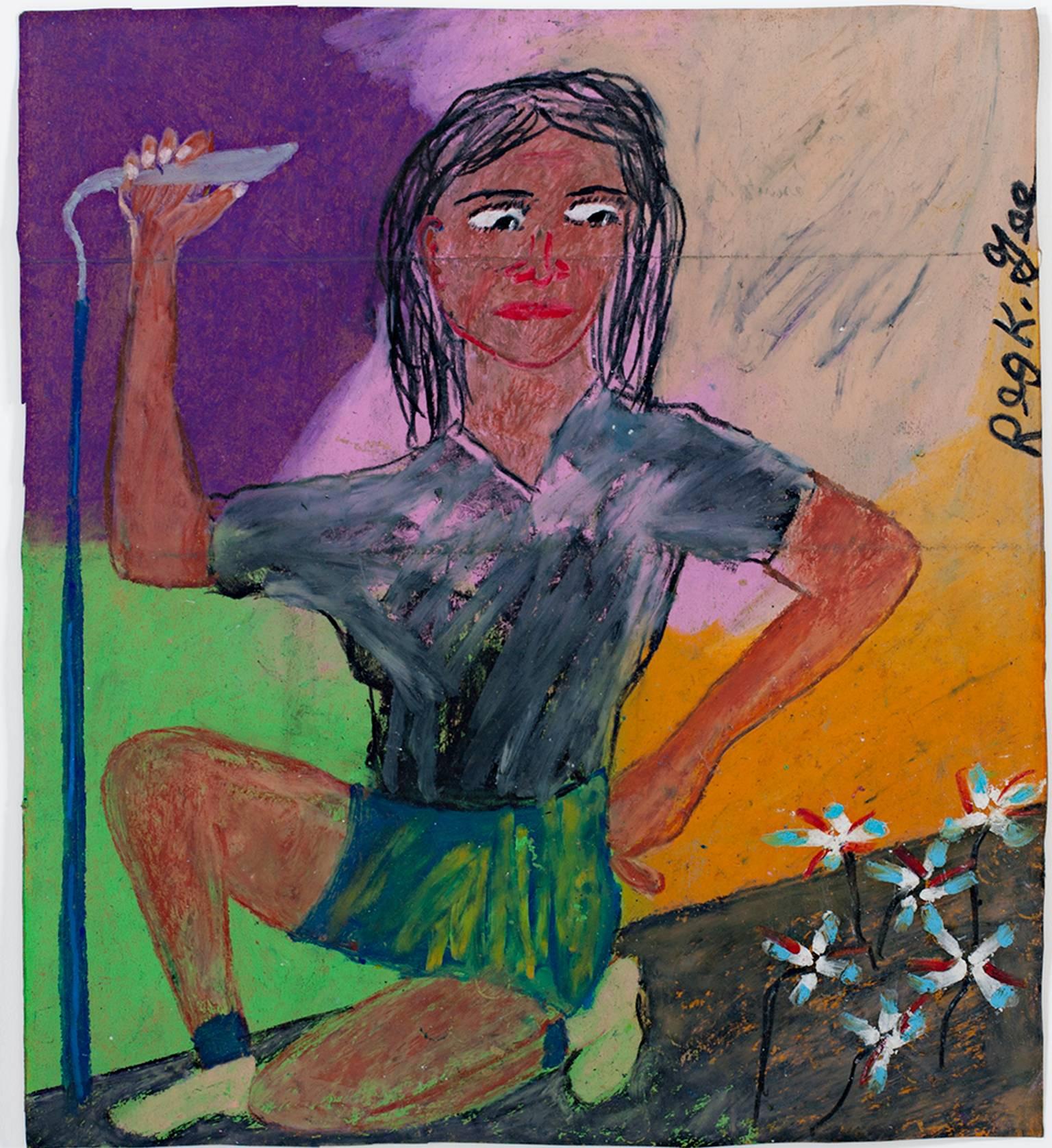 "Planter" is an original oil pastel drawing on a grocery bag signed in the upper right by artist Reginald K. Gee. It depicts a woman with a gardening hoe looking at the flowers she has just planted. The background is a field of bright purple, pink,