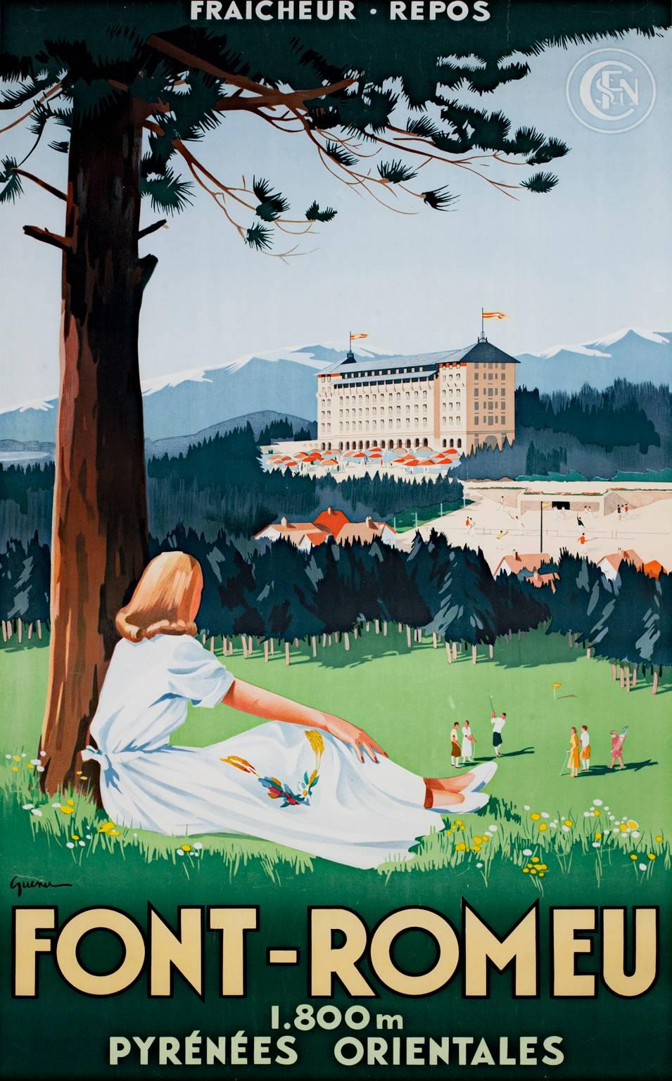 "Font-Romeu (Tennis/Golfing Retreat)" ist ein Original-Farblithografie-Plakat des Designers Vincent Guerra. Er signierte den Entwurf unten links. Dieses Plakat zeigt eine Frau, die sich unter einem Baum ausruht und Leute in der Ferne beim