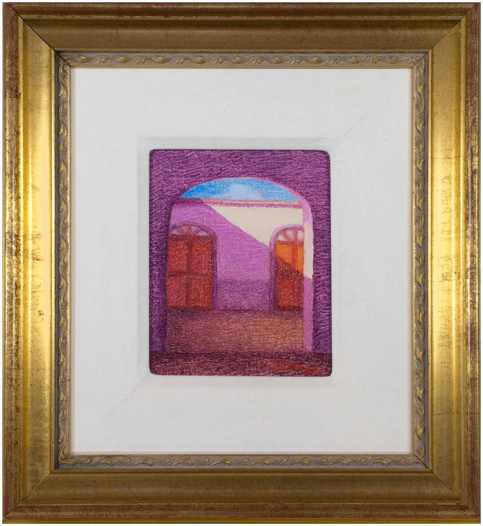 Pittura ad olio contemporanea strutturata per esterni, porte del patio di edifici colorati, firmata in vendita 1