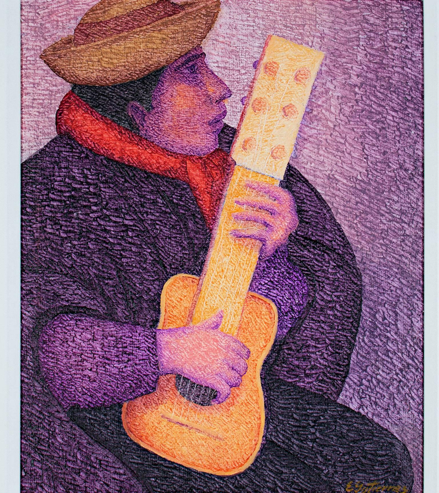 Ernesto Gutierrez (b.1941) Figurative Painting - "El Guitarista, " an Oil on Jute signed by Ernesto Gutierrez
