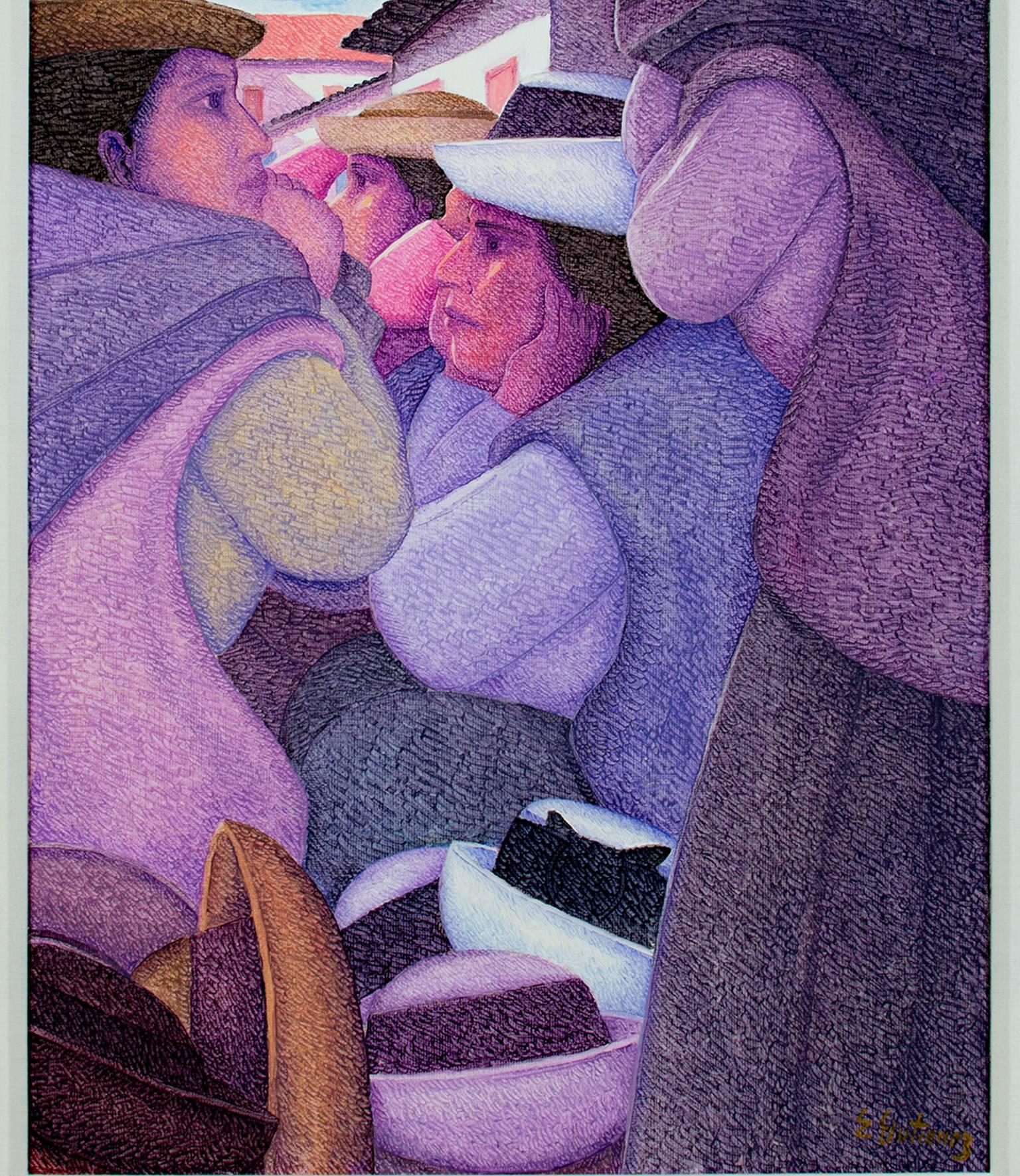 Ernesto Gutierrez (b.1941) Figurative Painting - "Feria de Sombreros (The Hat Market), " an Oil signed by Ernesto Gutierrez