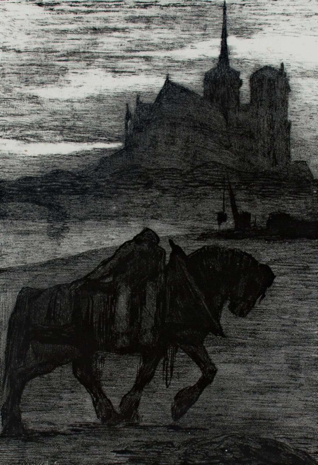 Pierre-Paul Jouve Landscape Print - "Horse and Rider at Dusk, " an Original Lithograph by Paul Jouve 