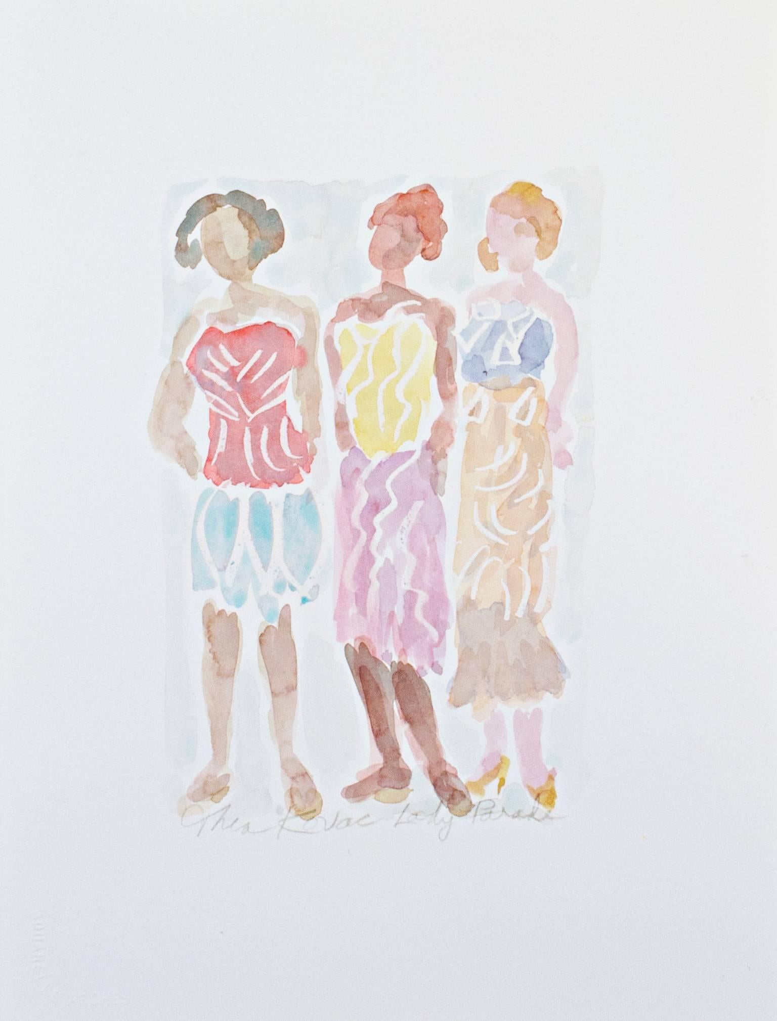 "Lady Parade I" est une aquarelle originale signée au crayon par l'artiste Thea Kovac. Cette peinture représente trois femmes dans des robes uniques. 

9 1/2" x 6 1/4" art
cadre de 19" x 15 1/4

Thea Kovac est une artiste visuelle, une écrivaine,