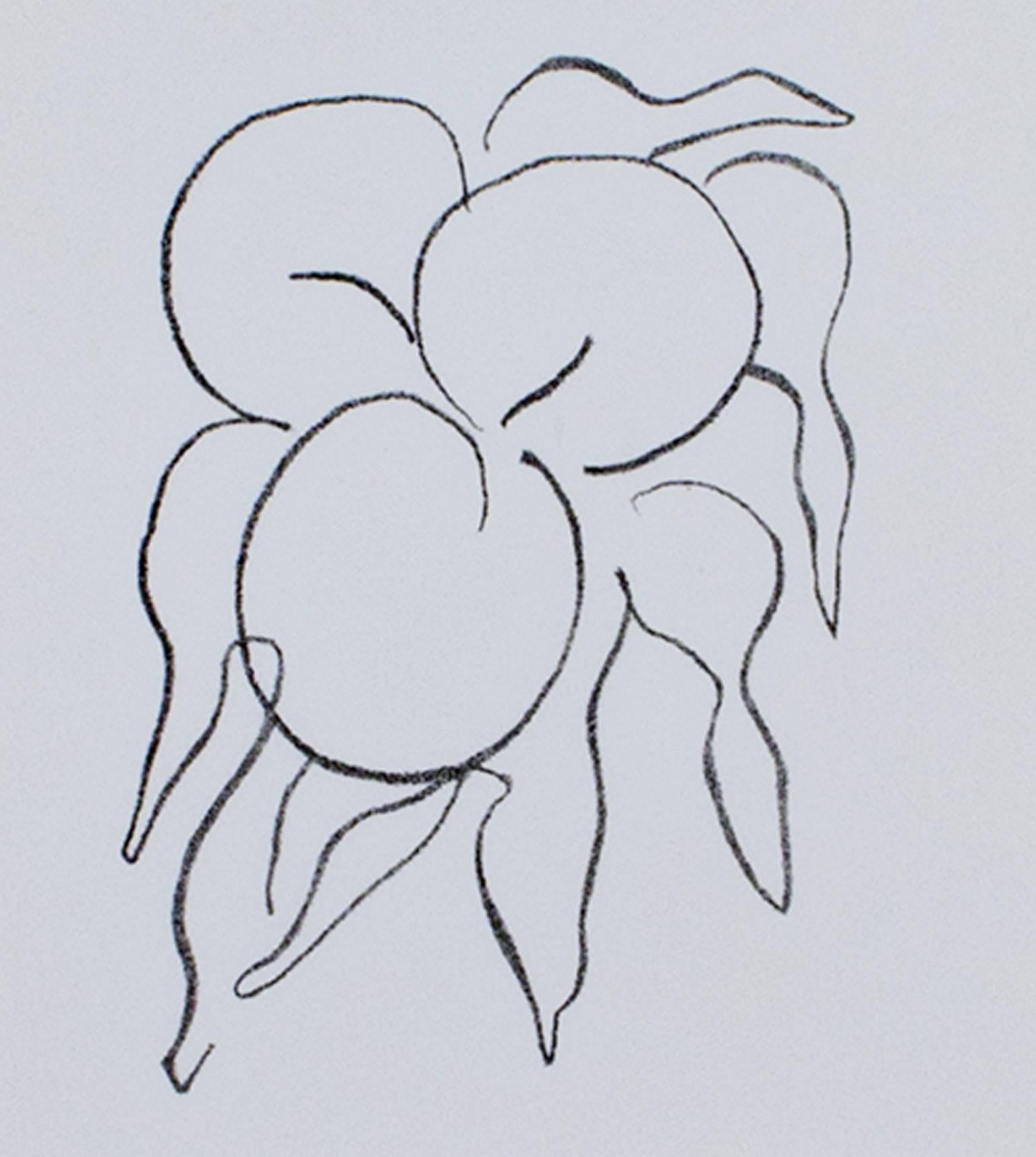 "Fruits" est une lithographie originale en noir et blanc d'Henri Matisse. Il représente trois fruits circulaires avec sept feuilles. Cette pièce a été créée dans le style de la ligne de contour signature de Matisse. 

6" x 4 1/4" art
papier 10" x 7