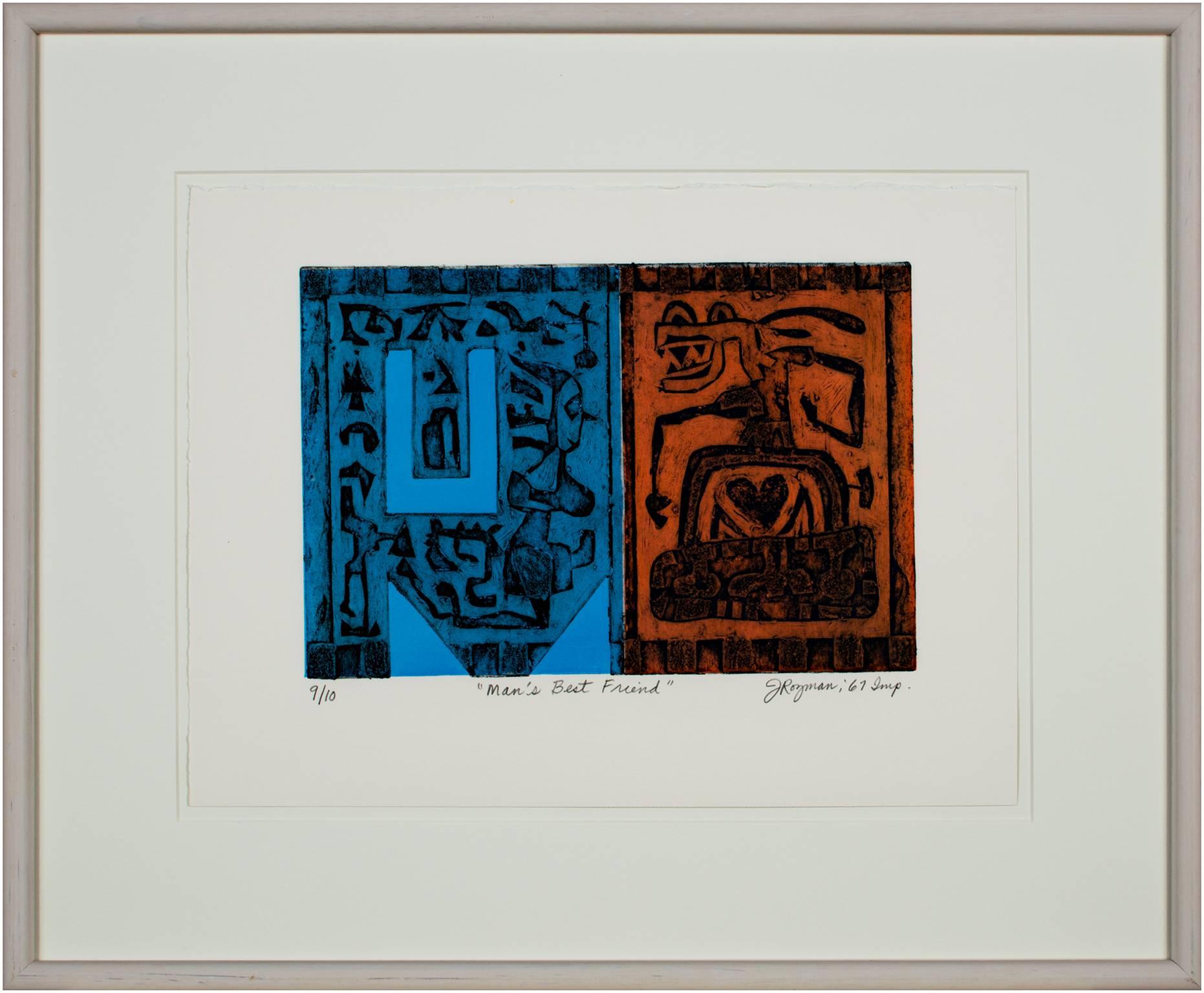 "Der beste Freund des Menschen" ist eine Original-Farbcollographie in Blau und Rot von Joseph Rozman. Es zeigt ein Tier in Rot auf der rechten Seite und eine Figur zwischen abstrakten Formen in Blau auf der linken Seite. 

14 3/4" x 11 3/16"