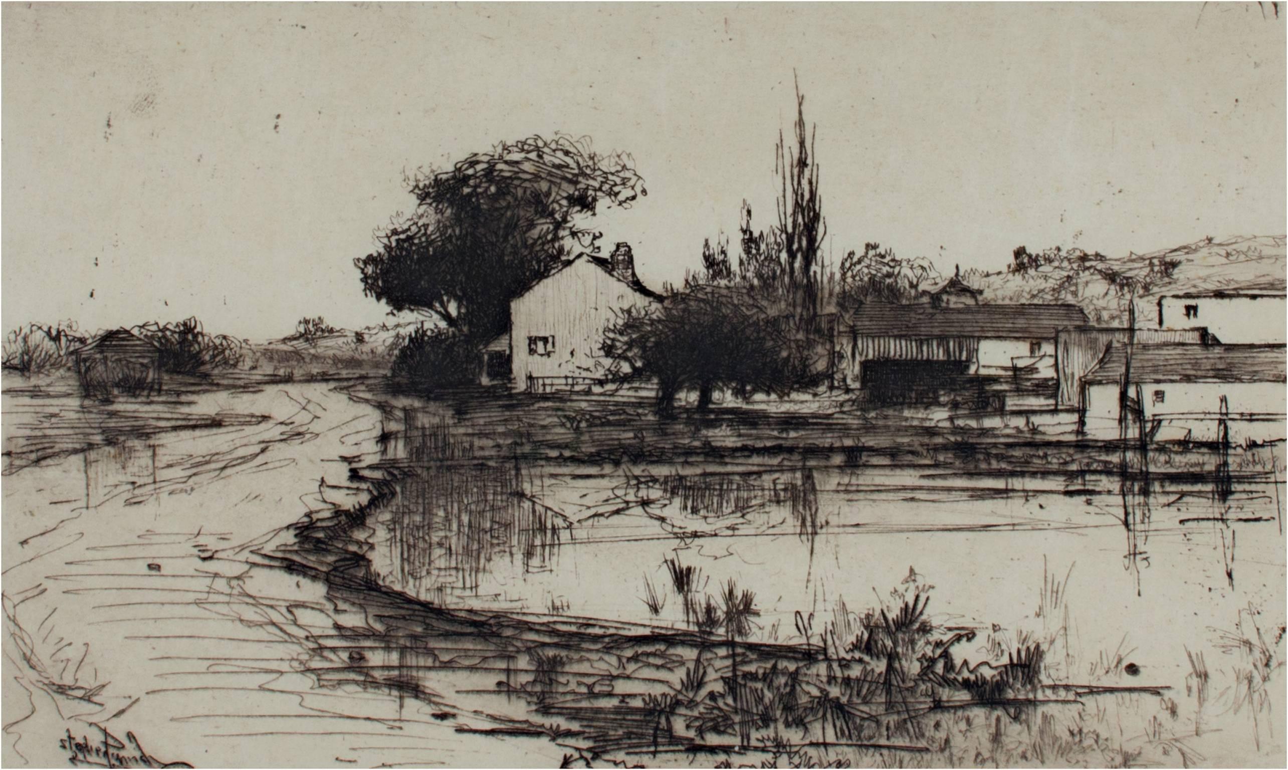 "Sketch Near Pittsfield" est une gravure originale signée par l'artiste Stephen Parrish. Il représente un petit groupe de bâtiments au bord d'un lac. Un chemin passe à côté d'eux, et toute la scène suggère le calme et la tranquillité. 

plaque de 3