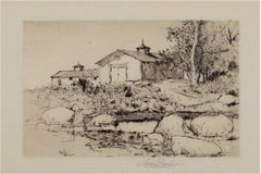 "Old Barns," an Etching signed by Stephen Parrish