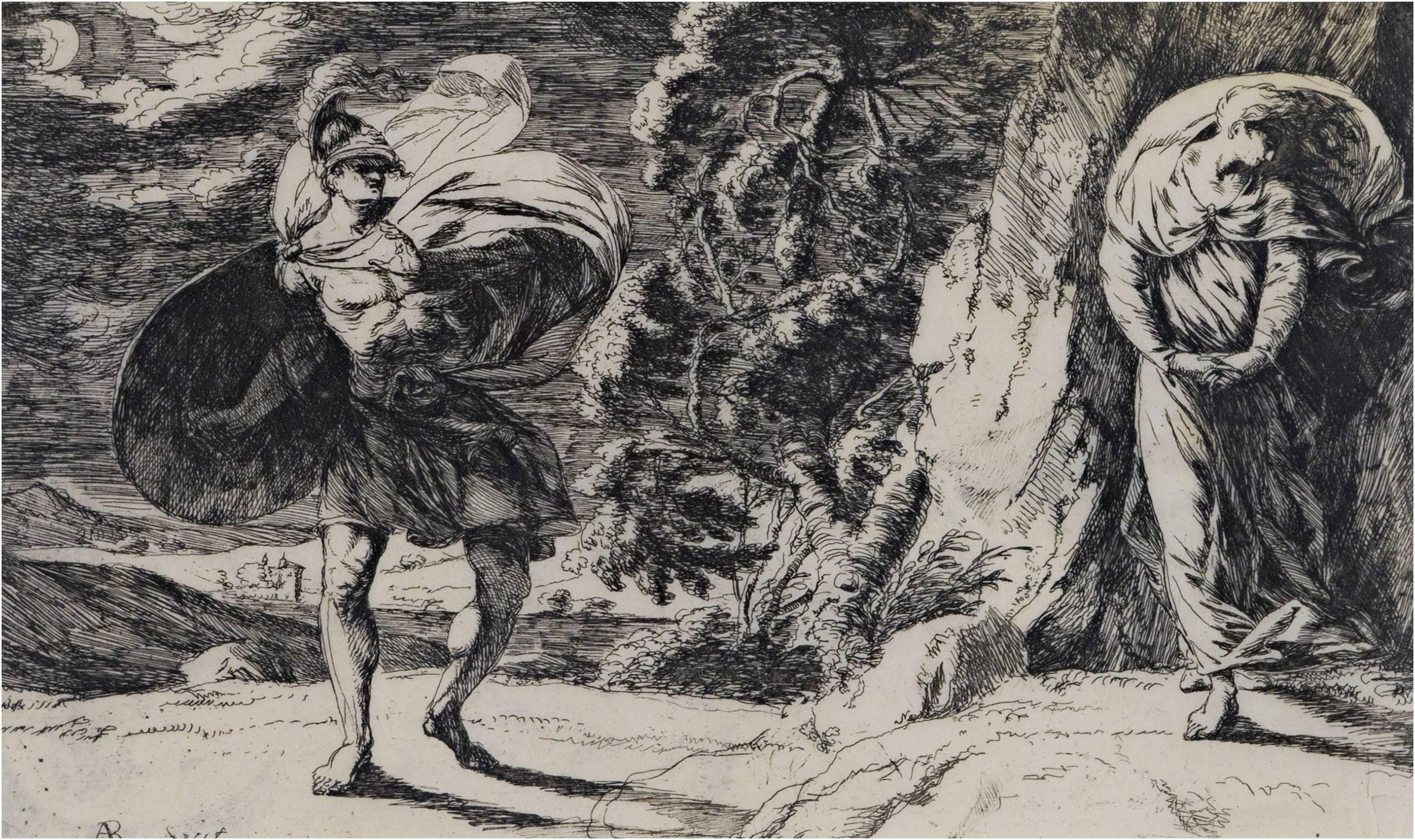 "Persée et Andromède" est une gravure originale de l'artiste écossais Alexander Runciman, signée dans la partie inférieure gauche de la plaque. Elle représente Persée, à gauche, balançant son bouclier et une jeune femme, Andromède, à droite,