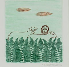 « Girl in Forest with Two Sheep » (Fille dans la forêt avec deux moutons):: une gravure originale signée par Keiko Minami