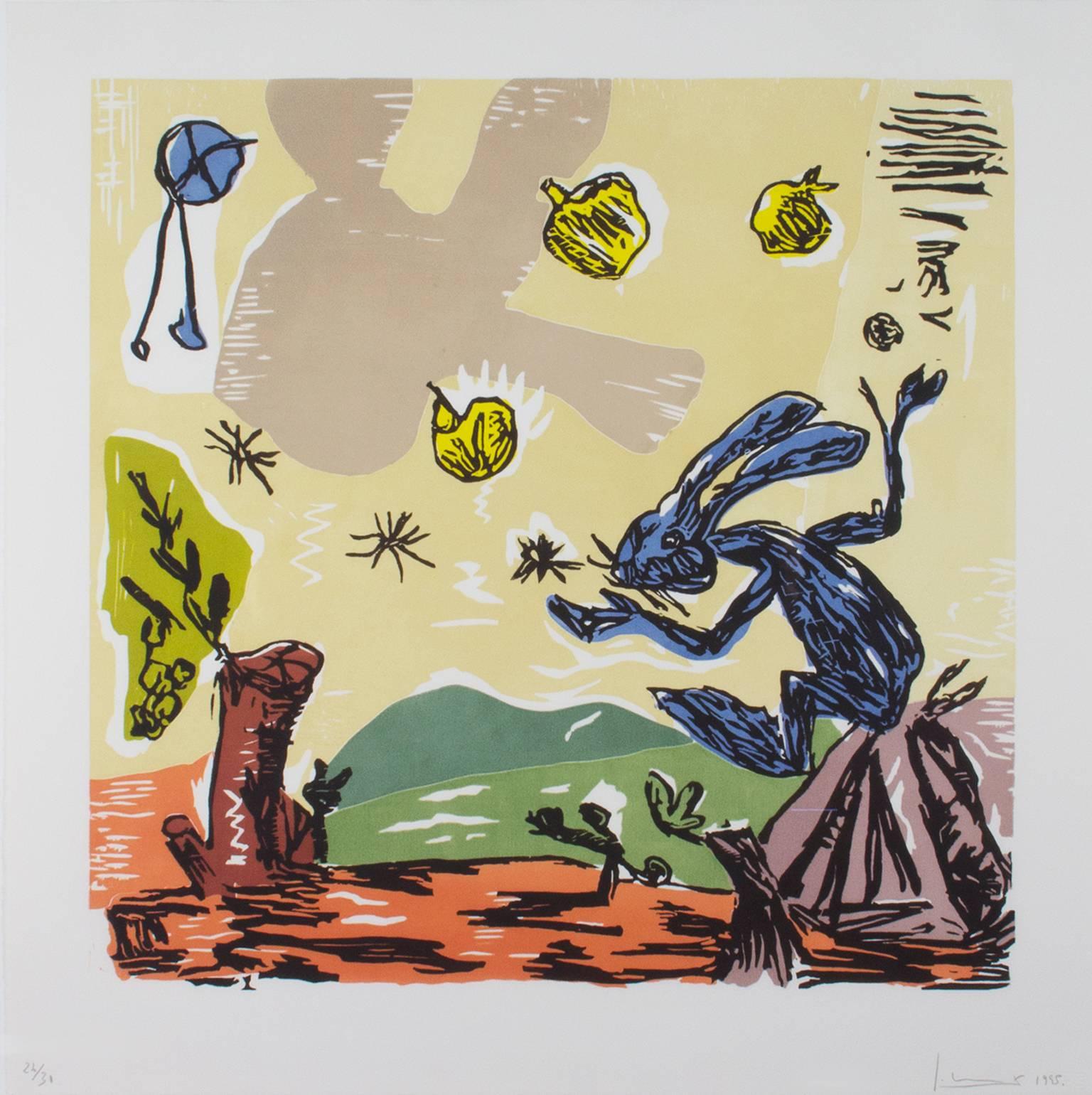 "Blue Bunny" est une gravure sur bois originale signée par l'artiste Santiago Moix. Il représente un lapin bleu jonglant avec des pommes jaunes. 

26 1/2" x 25 7/8" art
cadre de 29 1/8" x 29 3/4"

Santiago Moix (né en 1960) travaille dans une veine