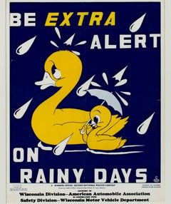 Vintage "Be Extra Alert on Rainy Days, " Color Lithograph Poster by Isadore Seltzer