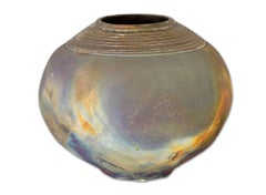 Vintage "Raku Vase with Concentric Rings, " Ceramic signed by Marty Marcus