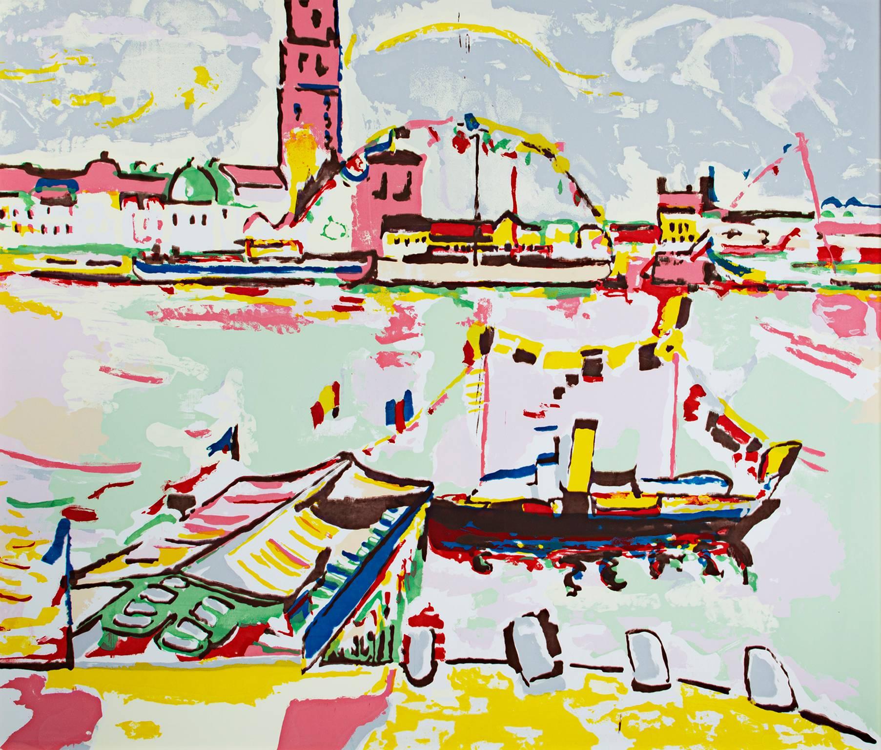 André Derain Landscape Painting - Early 20th century colorful seaside landscape enamel boats buildings water