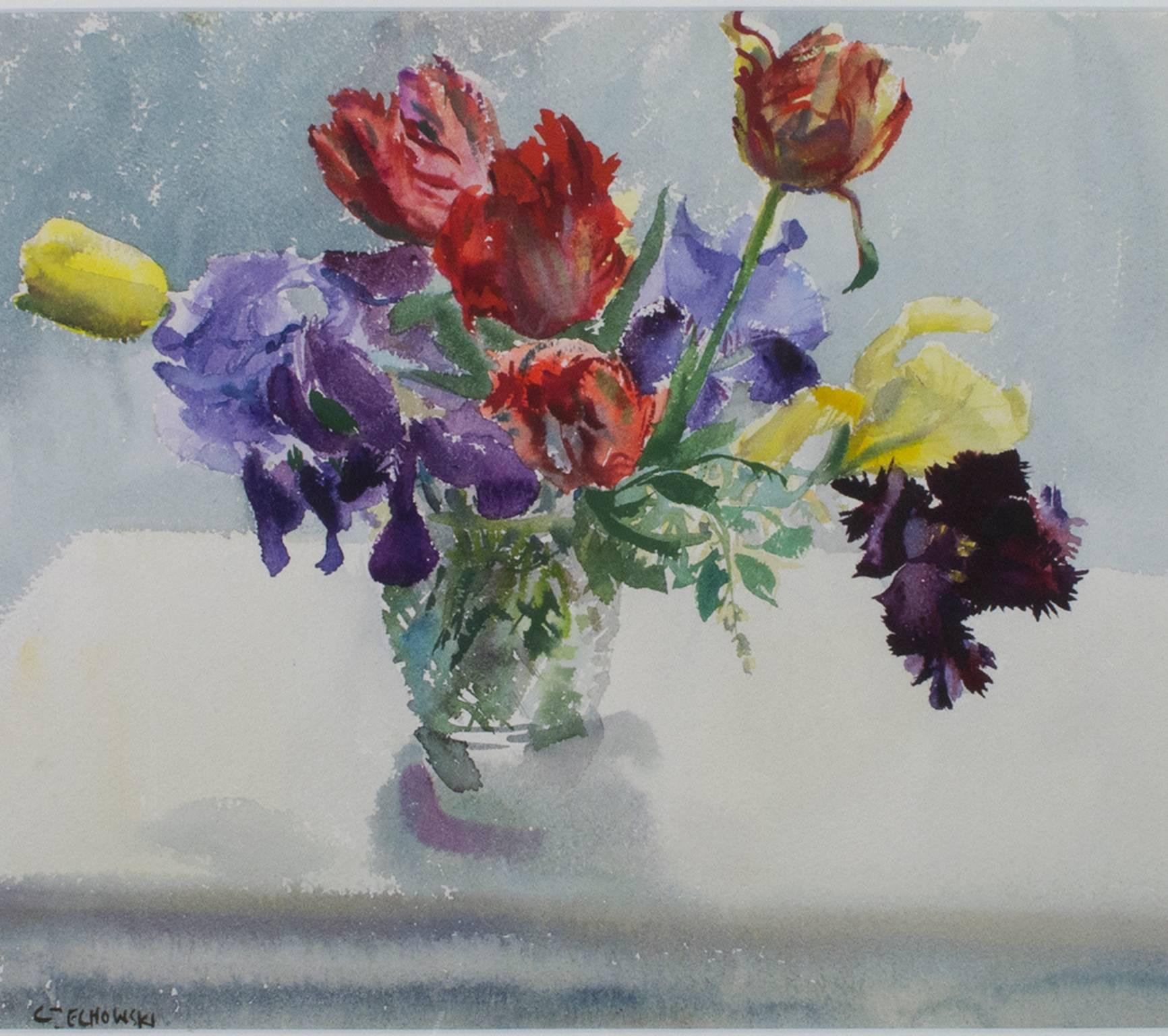 "Vase of Parrot Tulips & Irises" is an original watercolor painting by Alicia Czechowski, who signed the piece in the lower left. This piece includes flowers in red, purple, and yellow. 

14" x 16" art
21 1/2" x 23 7/8" frame

Alicia Czechowski,