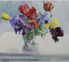 Vintage "Vase of Parrot Tulips & Irises, " a Watercolor signed by Alicia Czechowski