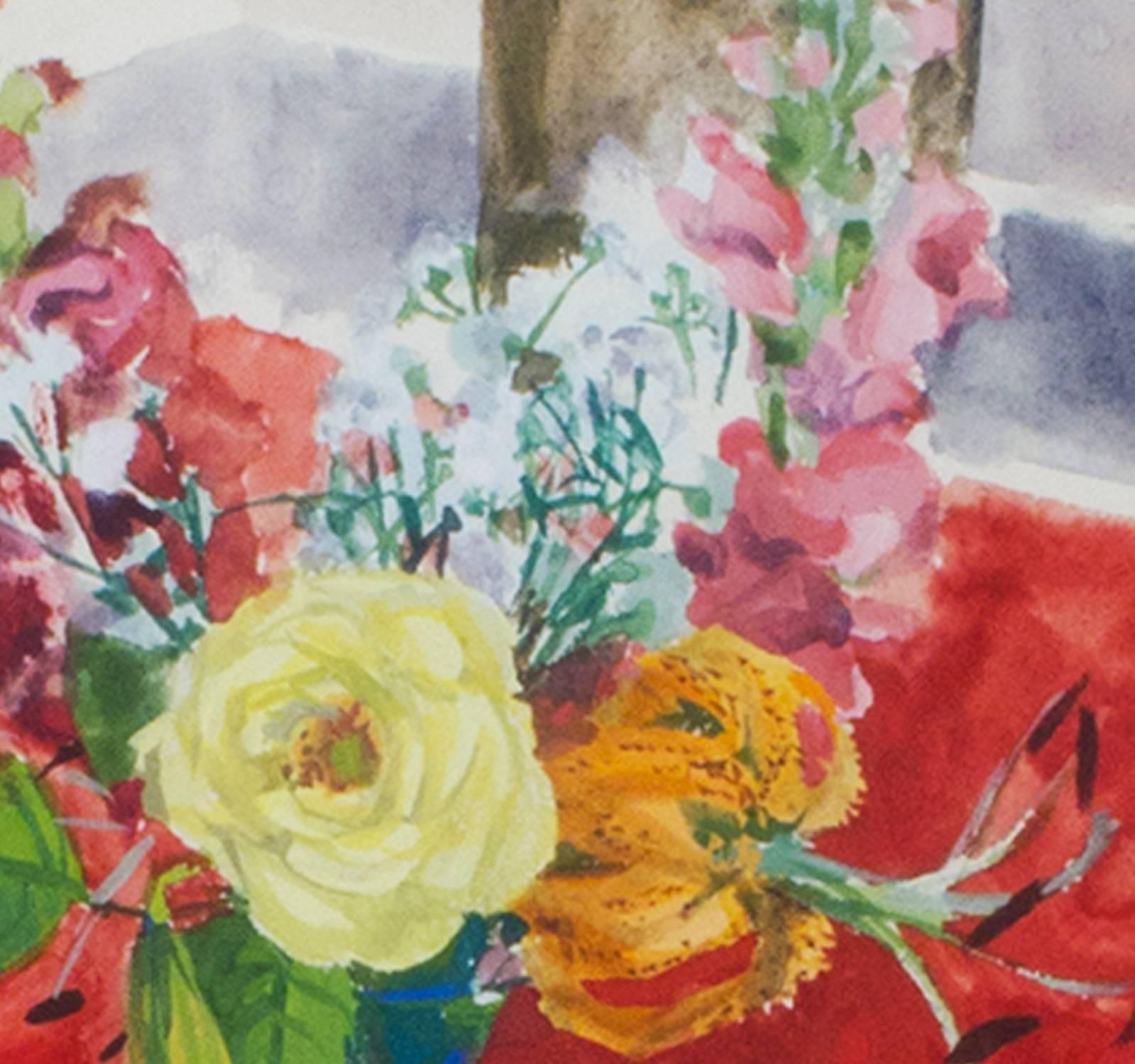 „Vase of Flowers & Tea Cup“, ein Aquarell, signiert von Alicia Czechowski im Angebot 1