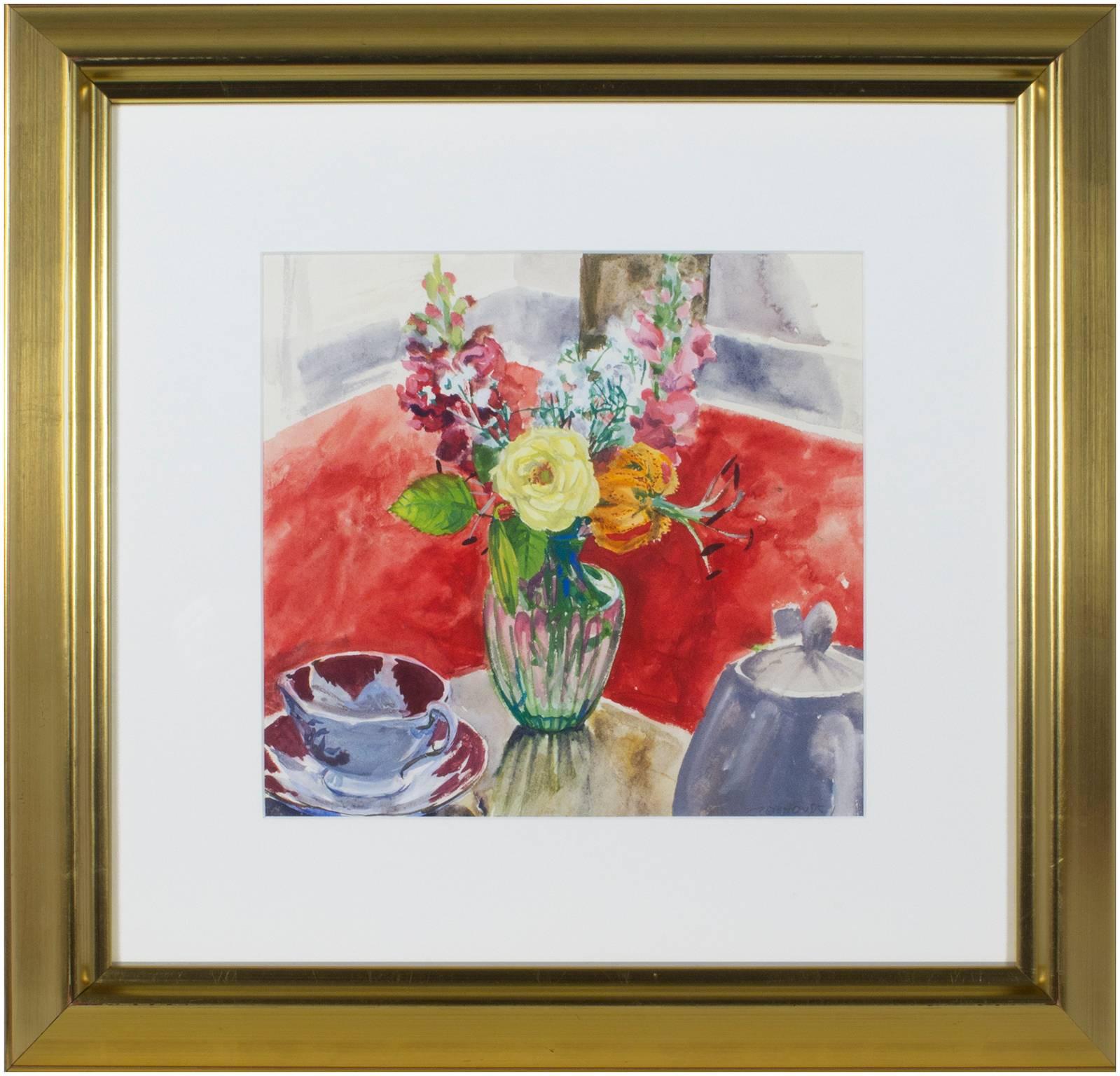 „Vase of Flowers & Tea Cup“, ein Aquarell, signiert von Alicia Czechowski im Angebot 4