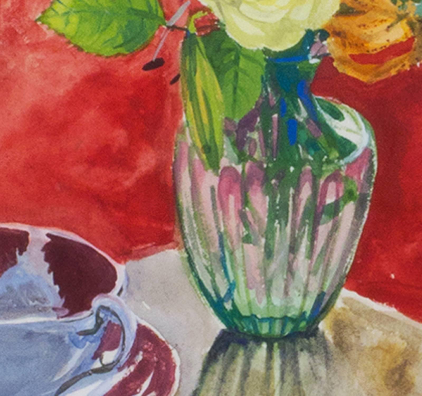 „Vase of Flowers & Tea Cup“, ein Aquarell, signiert von Alicia Czechowski im Angebot 3