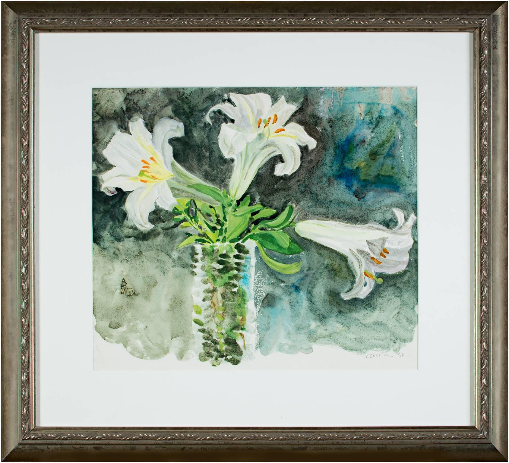 „Regale Lilien in einer Vase“, Gouache, signiert von Alicia Czechowski im Angebot 4