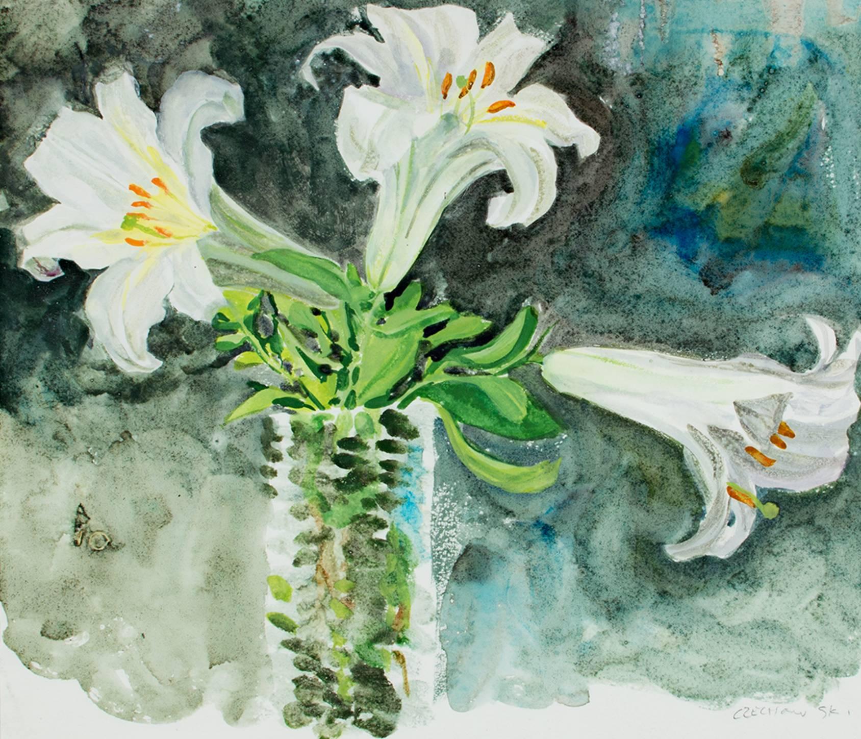 "Regal Lilies in a Vase," Gouache signed by Alicia Czechowski
