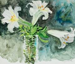 Artista contemporánea mujer bodegón pintura gouache jarrón flores firmado