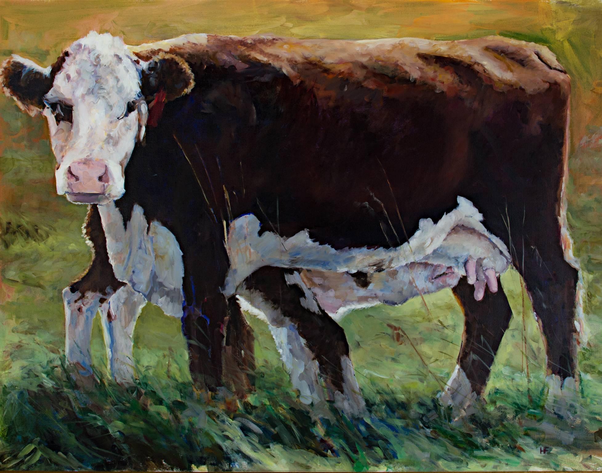 "Nursing Cow," Oil on Canvas signed by Heather Foster