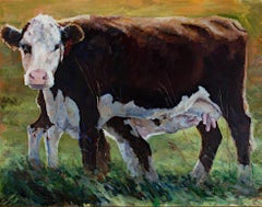 "Nursing Cow", Huile sur toile signée par Heather Foster