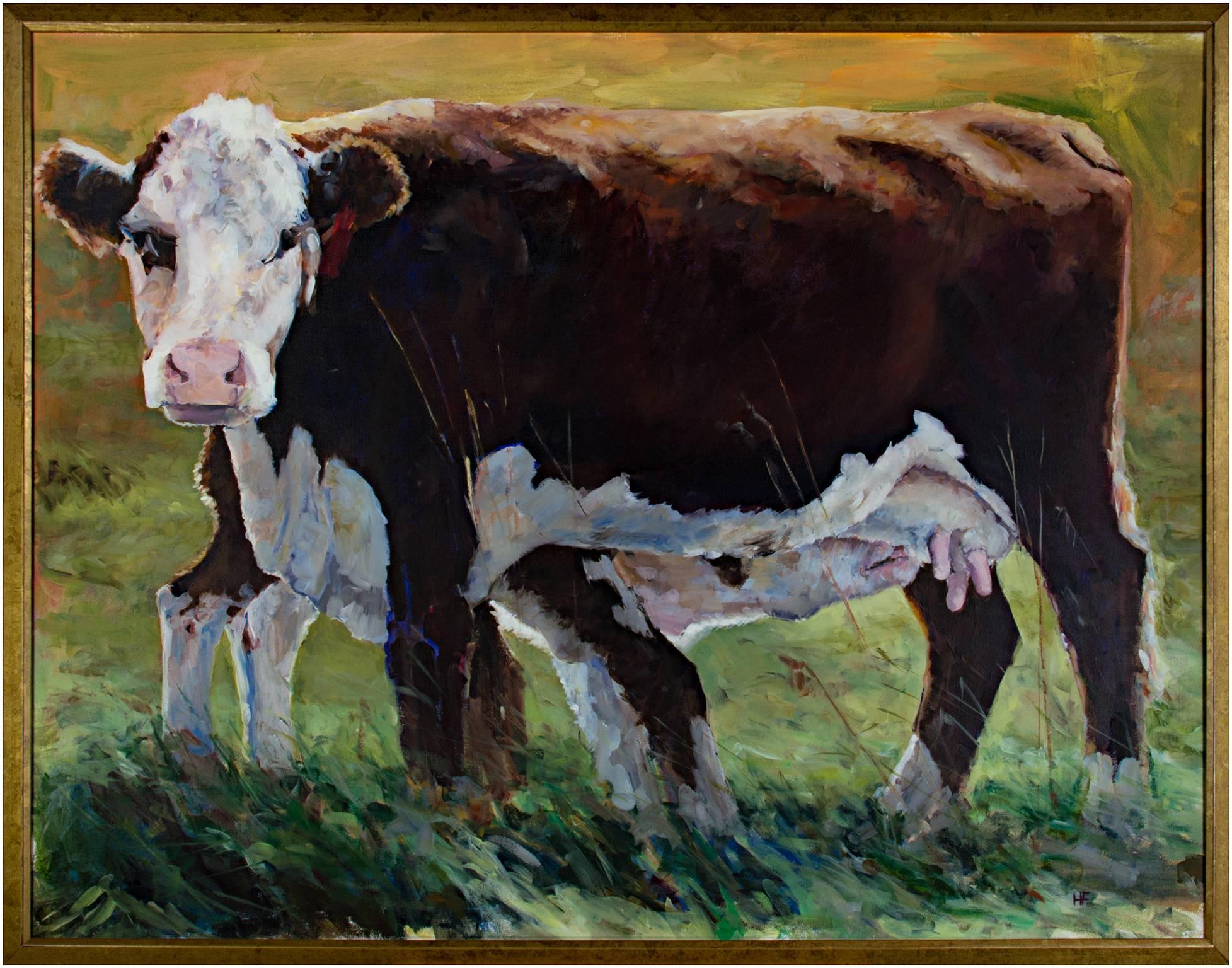 Pintura al óleo contemporánea vacas al aire libre realista animales hierba campo animales - Animal Painting Negro de Heather Foster
