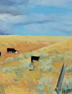"Ucross Sky, " Oil on Masonite Rural Landscape with Cows signed by Heather Foster