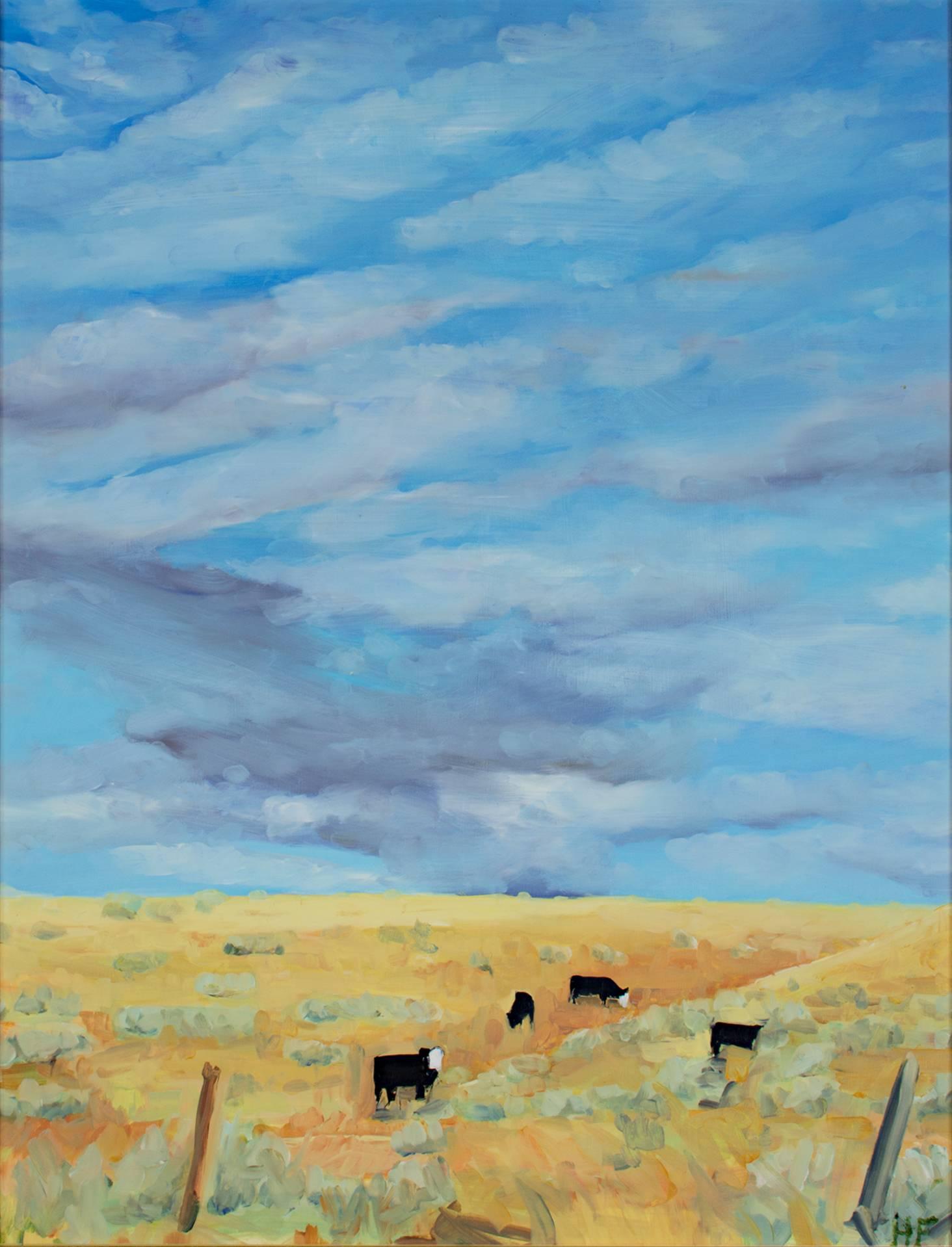 "Ucross Sky" is an original oil painting on masonite board. It is initialed by the artist Heather Foster in the lower right corner. It depicts four black cows in a field of yellow underneath a bright blue and slightly cloudy sky.

24 1/8" x 18"