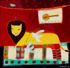 "Lion & Two White Crows," Acrylic on Paper signed by Karen Hoepting