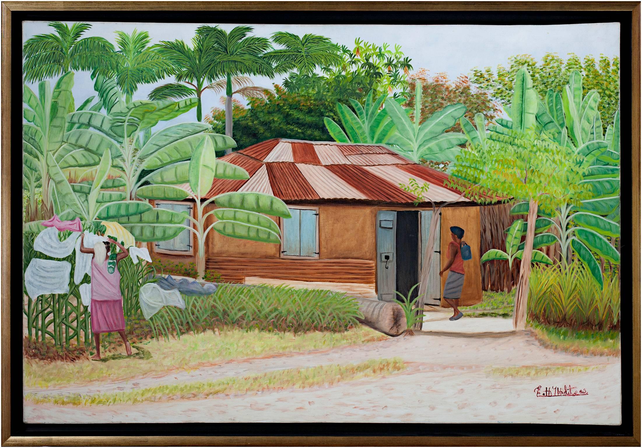 "Two Country Village Women Outside Their House" ist ein Original-Ölgemälde auf Leinwand, signiert und datiert in der unteren rechten Ecke. Es zeigt zwei haitianische Frauen bei der Arbeit in ihrem Haus. Das Haus ist von einer Vielzahl üppiger