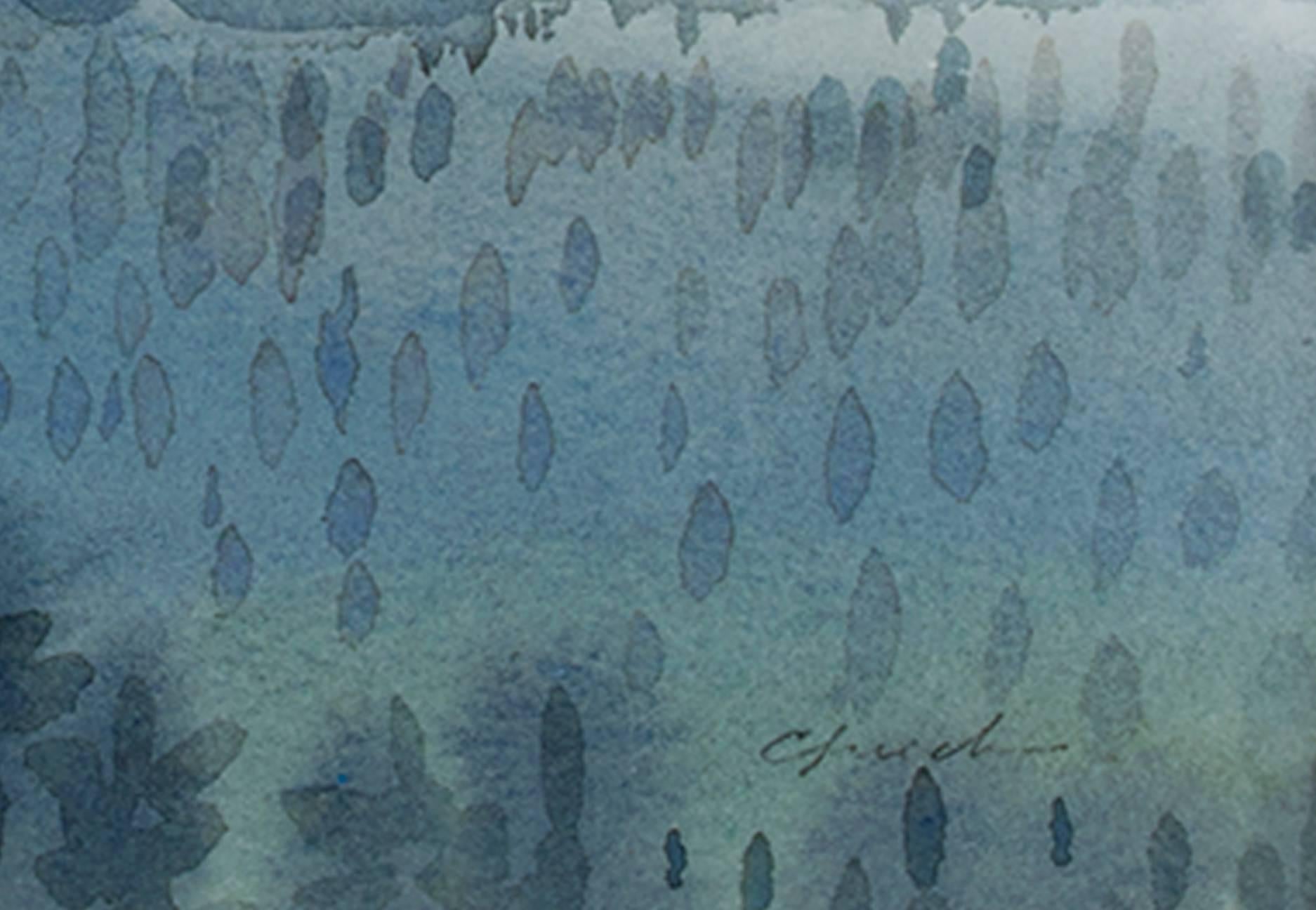 Paesaggio contemporaneo ad acquerello alberi di montagna foresta cielo firmato - Art di Craig Lueck
